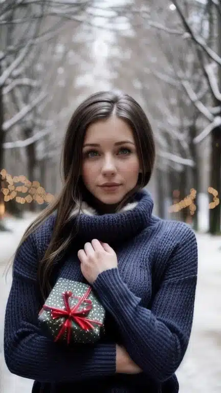 A young woman, looking a little stressed, holding a Christmas present, winter street background