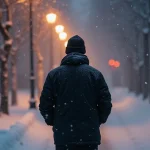 Man seen from behind, walking on a snowy path under streetlights - AI-generated illustration.