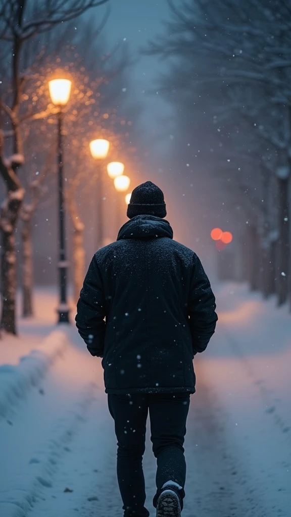 Man seen from behind, walking on a snowy path under streetlights - AI-generated illustration.