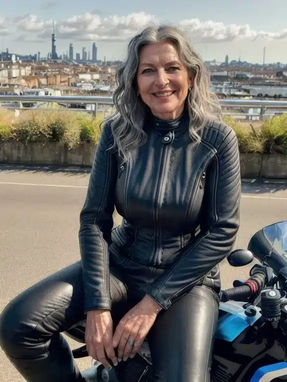A smiling, middle-aged woman dressed in a black leather outfit, sitting on a motorbike.