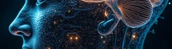 A drawing of the human brain shown almost like electronic circuits, illustrating artificial intellingence.