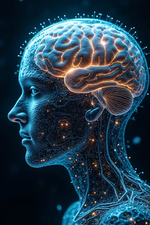 A drawing of the human brain shown almost like electronic circuits, illustrating artificial intellingence.