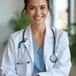 A female doctor in sitting in an office environment.