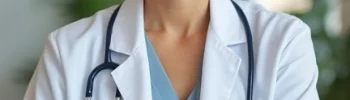 A female doctor in sitting in an office environment.
