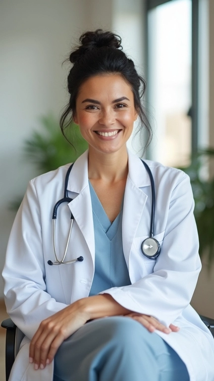 A female doctor in sitting in an office environment.