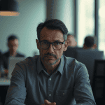 A man with a sad expression sitting in a modern office environment.