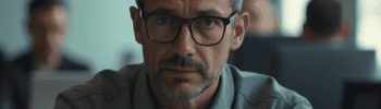 A man with a sad expression sitting in a modern office environment.