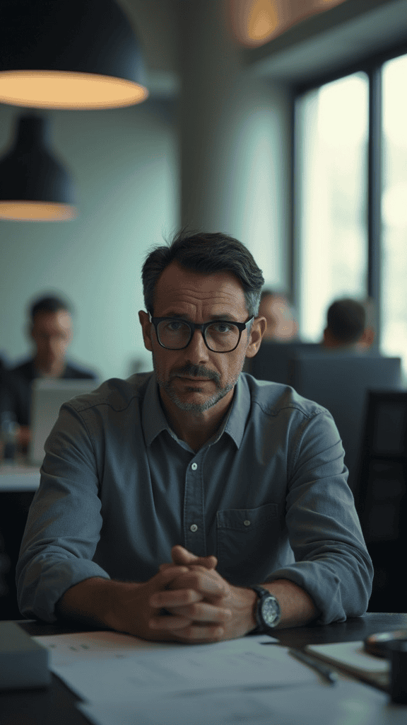 A man with a sad expression sitting in a modern office environment.