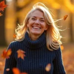 A smiling 50-year-old woman with autumn leaves falling around her.