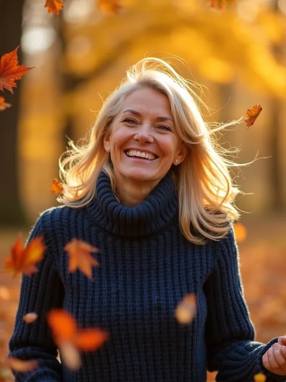 A smiling 50-year-old woman with autumn leaves falling around her.