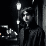 A young emo man with black hair and black clothes standing in a street at night.