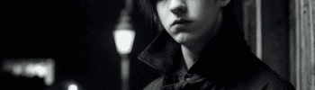 A young emo man with black hair and black clothes standing in a street at night.