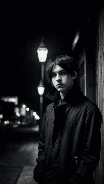 A young emo man with black hair and black clothes standing in a street at night.