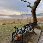 Grange-over-Sands seen from a distance with a Victorian bench in the foreground.