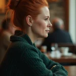 Sad but determined woman sitting at a cafe table.