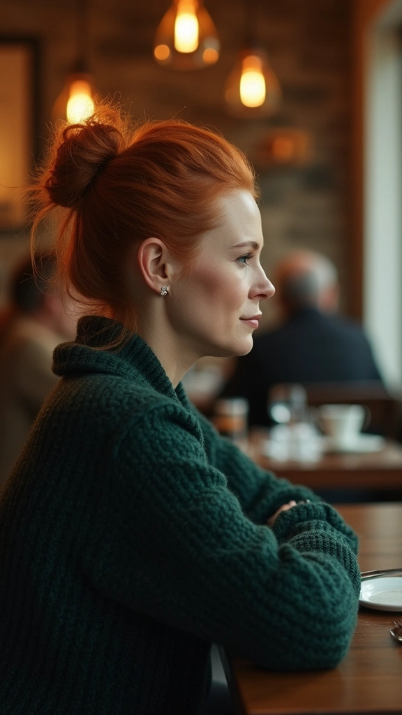 Sad but determined woman sitting at a cafe table.