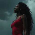 Woman with a sad but determined expression looking up at dark skies.