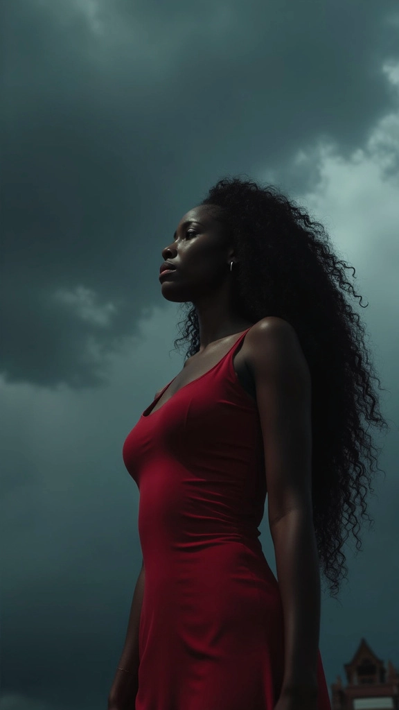 Woman with a sad but determined expression looking up at dark skies.