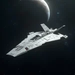 A spaceship is flying through the dark space, a planet is seen in the background.