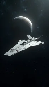 A spaceship is flying through the dark space, a planet is seen in the background.