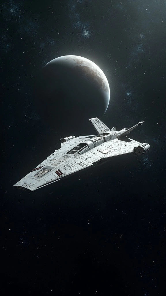A spaceship is flying through the dark space, a planet is seen in the background.
