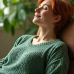A woman relaxing in a comfortable chair, her eyes closed, looking peaceful