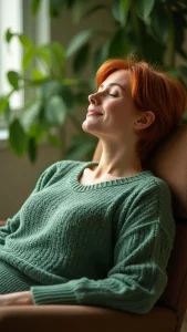 A woman relaxing in a comfortable chair, her eyes closed, looking peaceful