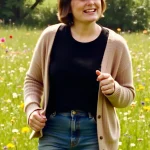 A smiling young woman walking in a summer meadow.
