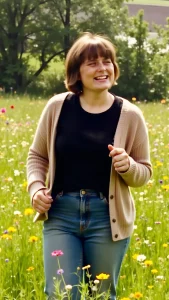 A smiling young woman walking in a summer meadow.
