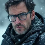 A man, looking sad, surrounded by a snowstorm.