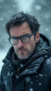 A man, looking sad, surrounded by a snowstorm.