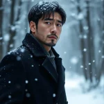 A man looking sad standing in a snowy forest.