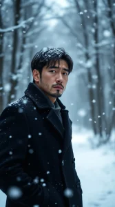 A man looking sad standing in a snowy forest.