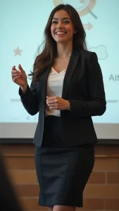 A formally dressed young woman doing a presentation