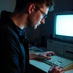 AI-generated illustration showing Tom as he looked in 1991, working on a computer.
