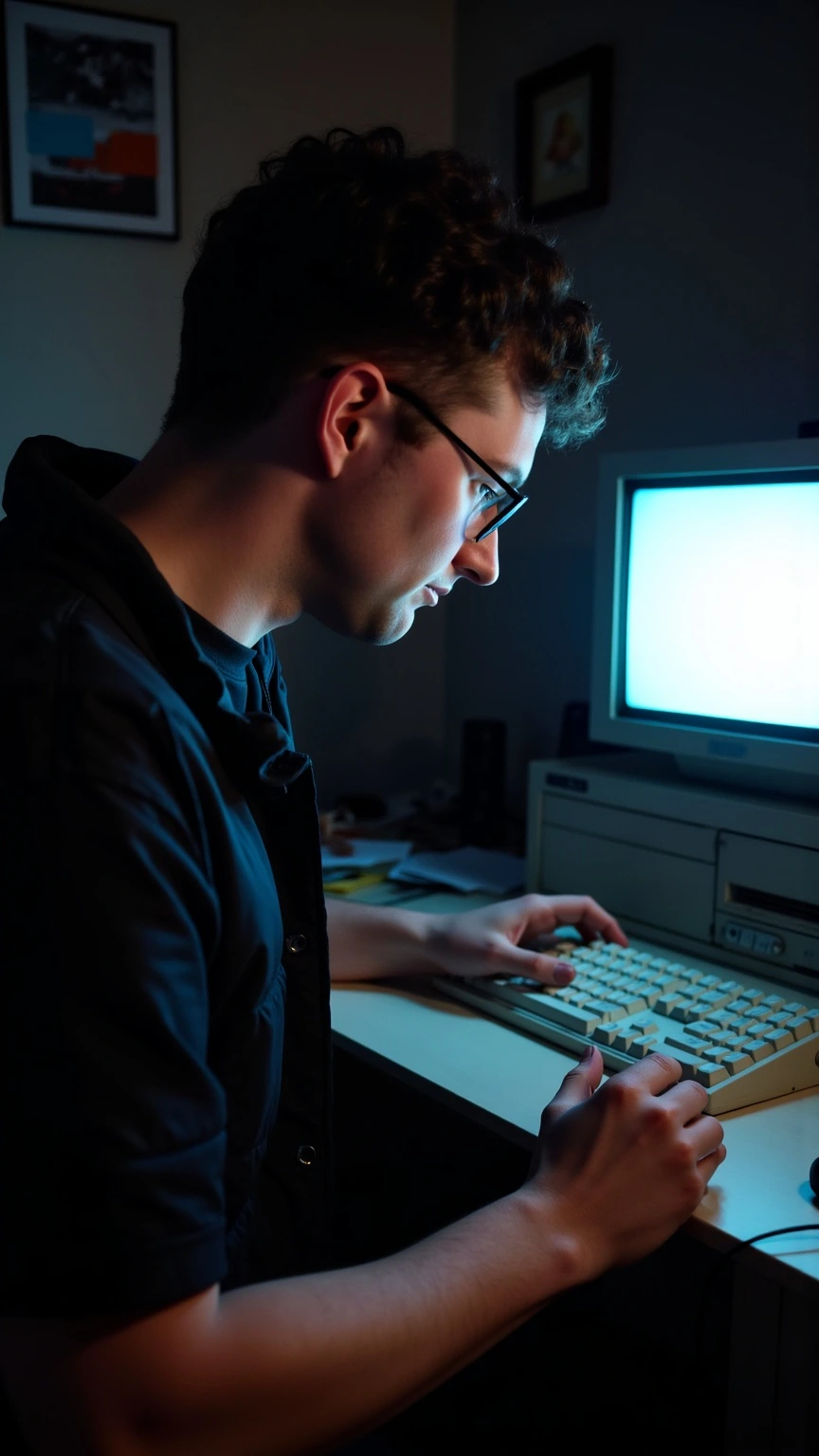 AI-generated illustration showing Tom as he looked in 1991, working on a computer.