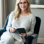 Woman sitting in a chair, wearing comfortable clothes, reading a book