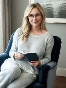 Woman sitting in a chair, wearing comfortable clothes, reading a book