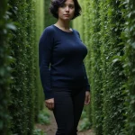 A woman standing in a maze with high hedge walls on all sides.