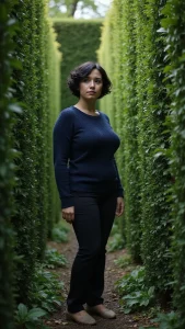 A woman standing in a maze with high hedge walls on all sides.
