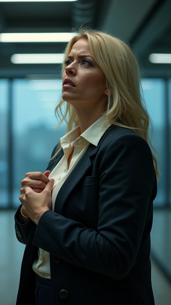 A distressed woman in an office building, clutching her hands against her chest.