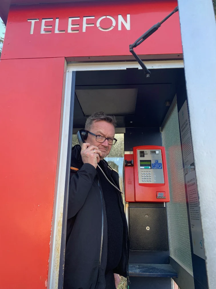 Tom in a telephone booth in the Maihaugen museum, Lillehammer, Norway