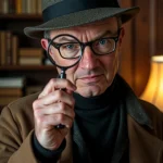 A man resembling Tom disguised as a detective, looking through a magnifying glass.