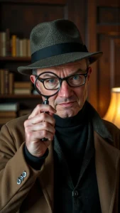 A man resembling Tom disguised as a detective, looking through a magnifying glass.