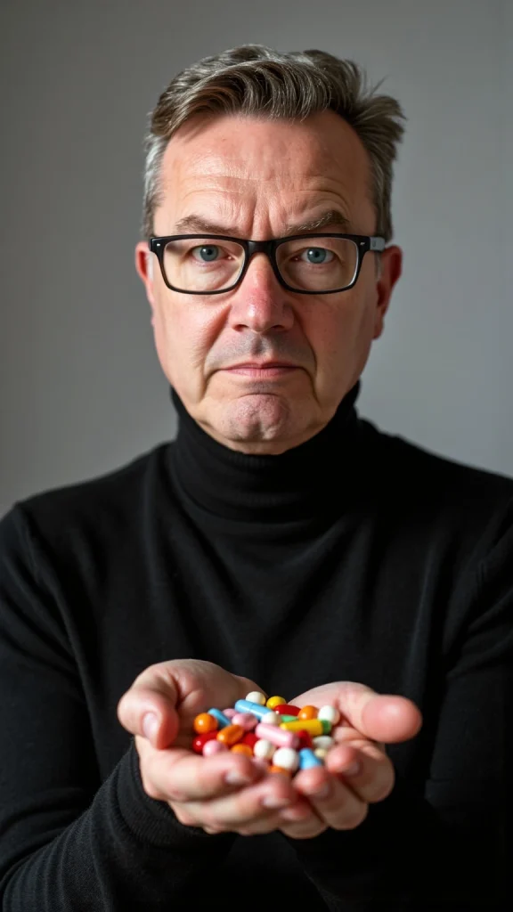 A man resembling Tom holding up a handful of colourful pills in front of him.