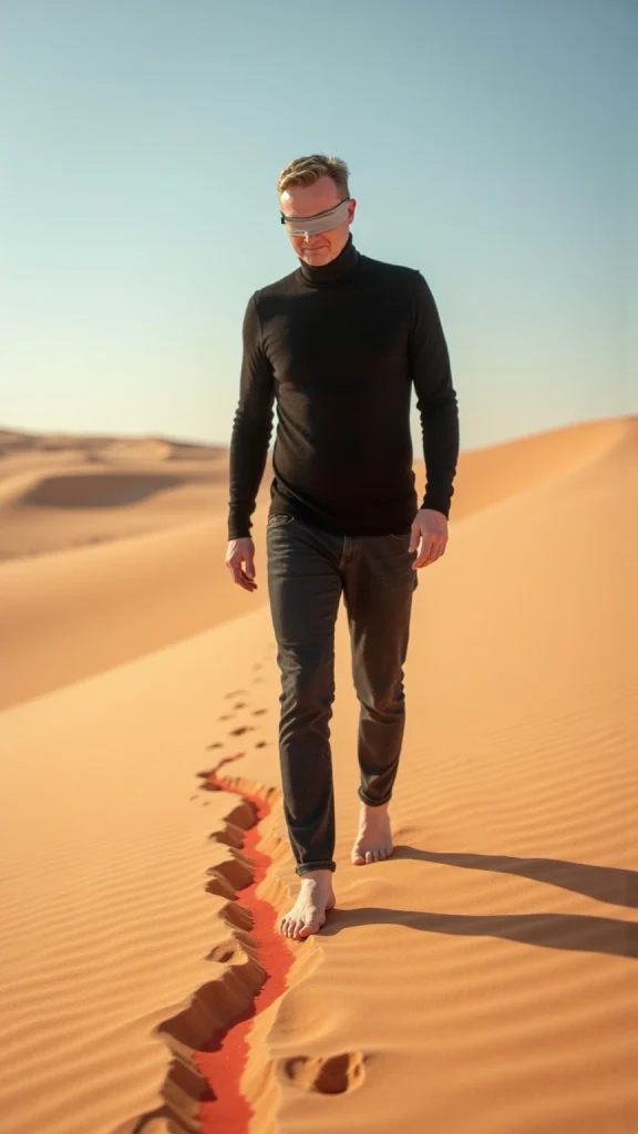 A man resembling Tom walking blindfolded in a desert, stepping on a red line in the sand.
