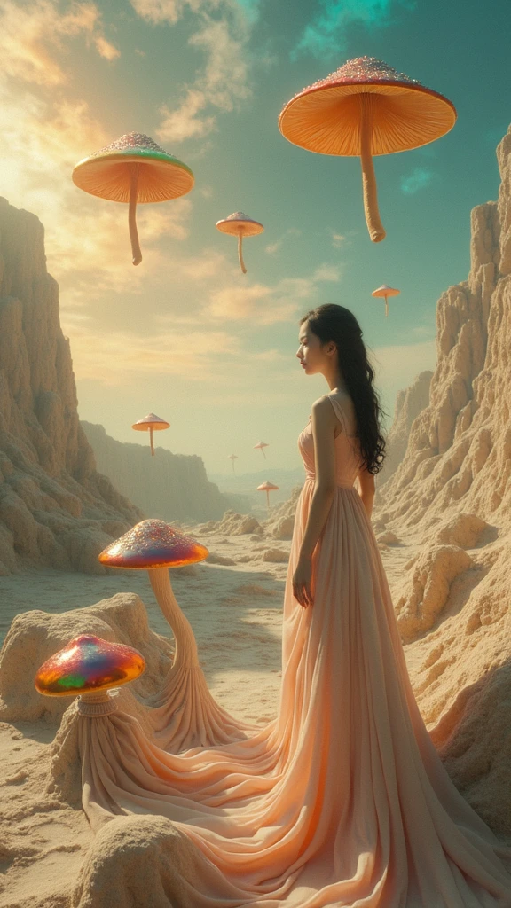 A woman in a dream-like surreal landscape with flying mushrooms.