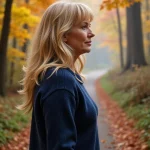 A sad-looking woman standing in the forest in the autumn