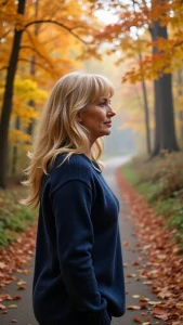A sad-looking woman standing in the forest in the autumn