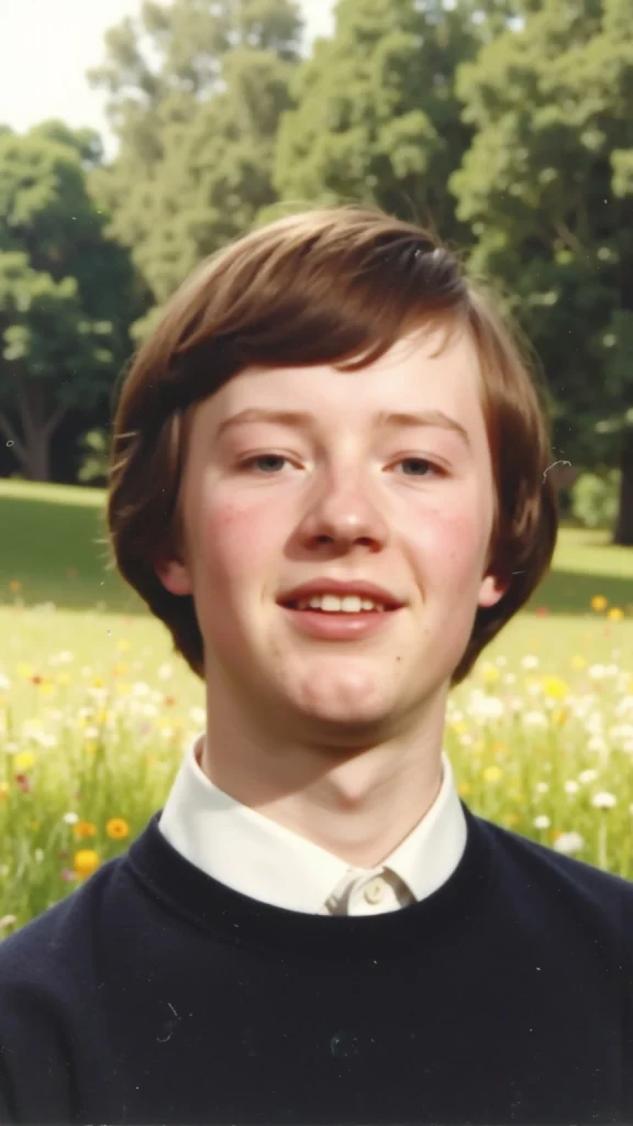 AI-generated illustration of a character resembling Tom in 1981, singing happily
